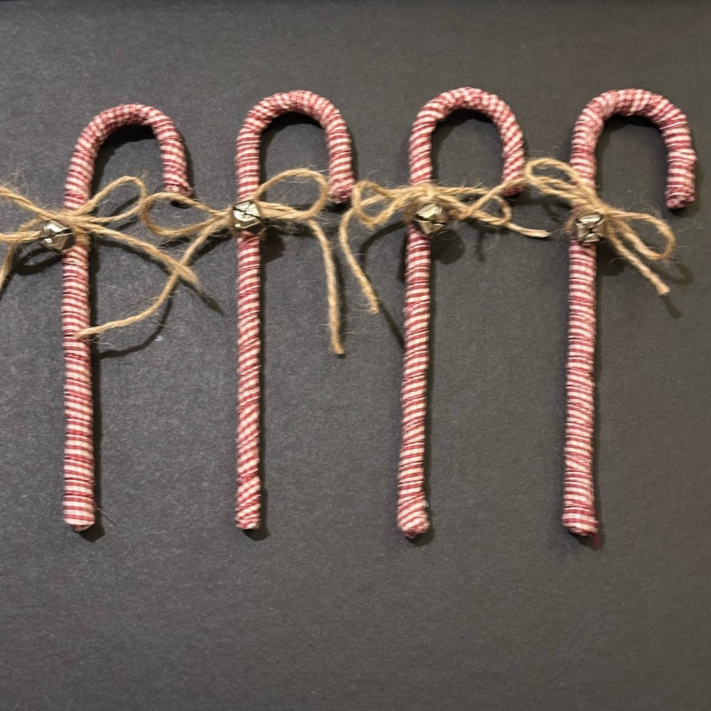 4 Primitive 6" PLAID fabric Candy Canes Christmas Farmhouse Ornaments with bells